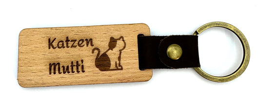 Stilvoller Schlüsselanhänger aus Holz mit Lederband Katzen-Mutti