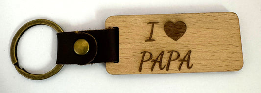 Stilvoller Schlüsselanhänger aus Holz mit Lederband I Love PAPA
