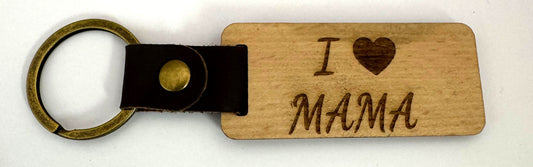 Stilvoller Schlüsselanhänger aus Holz mit Lederband I Love MAMA