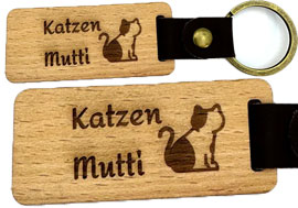Stilvoller Schlüsselanhänger aus Holz mit Lederband Katzen-Mutti
